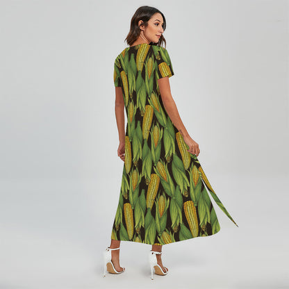 Hand-Drawn Corncob Pattern Print Short Sleeve Maxi Dress