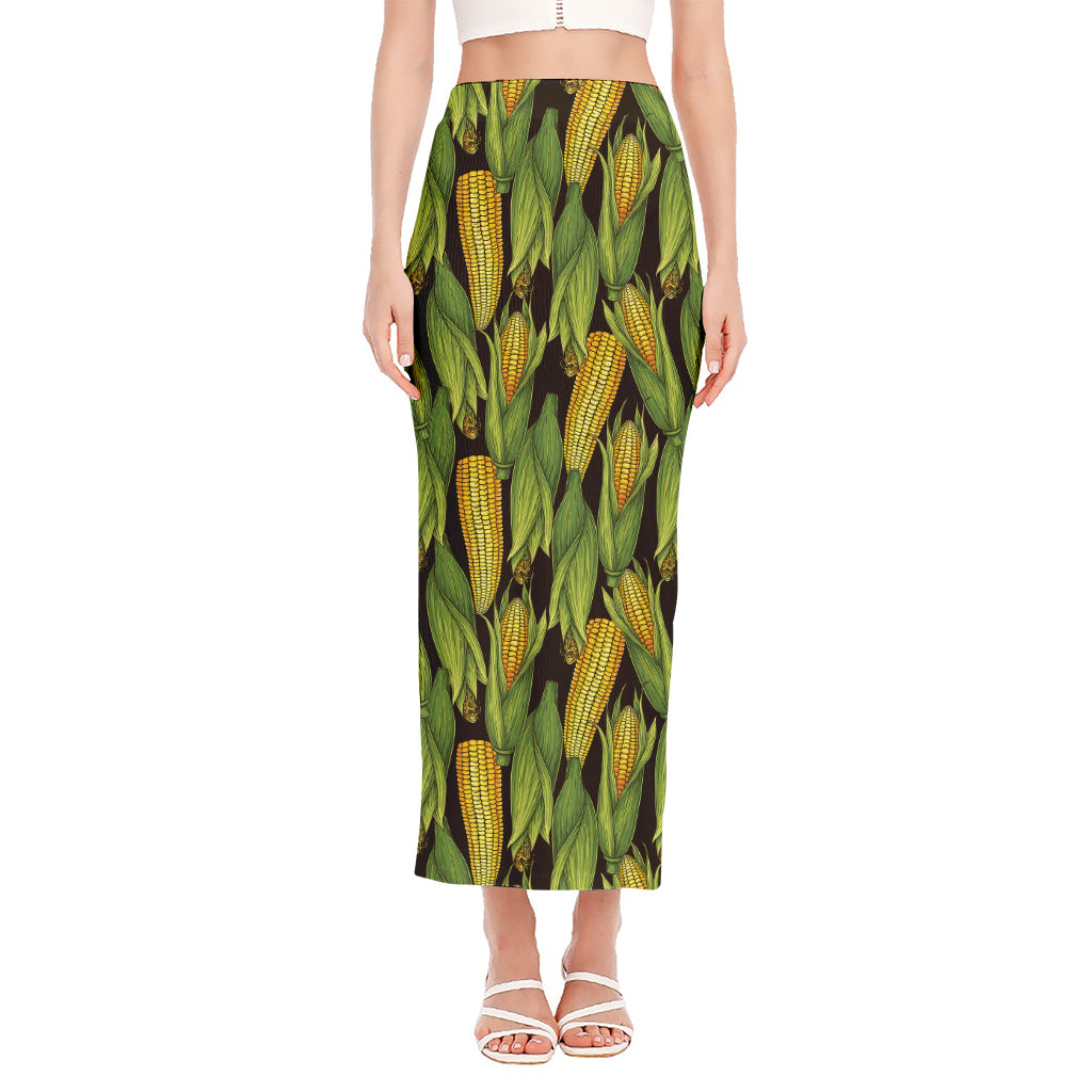 Hand-Drawn Corncob Pattern Print Side Slit Maxi Skirt