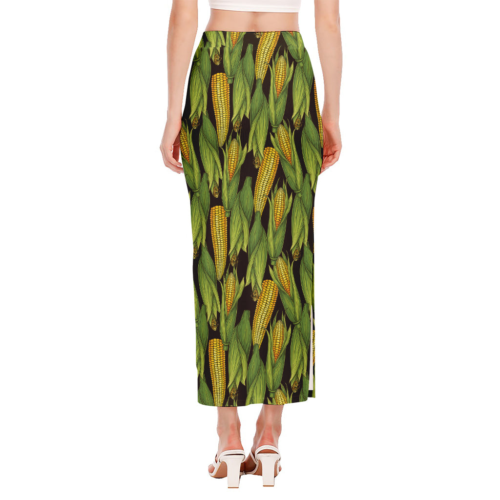 Hand-Drawn Corncob Pattern Print Side Slit Maxi Skirt