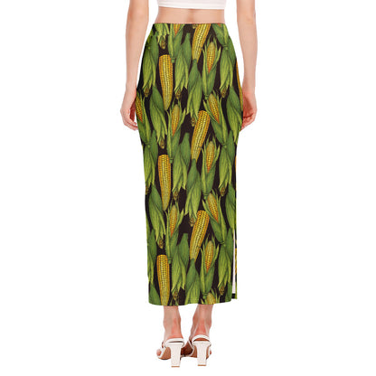 Hand-Drawn Corncob Pattern Print Side Slit Maxi Skirt