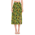 Hand-Drawn Corncob Pattern Print Side Slit Midi Skirt