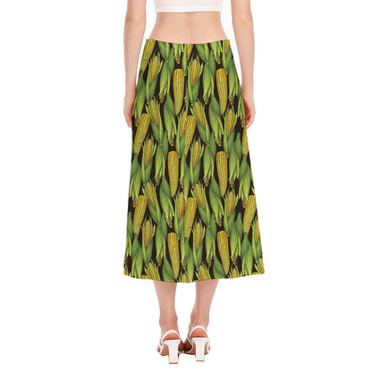 Hand-Drawn Corncob Pattern Print Side Slit Midi Skirt