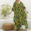 Hand-Drawn Corncob Pattern Print Silk V-Neck Kaftan Dress
