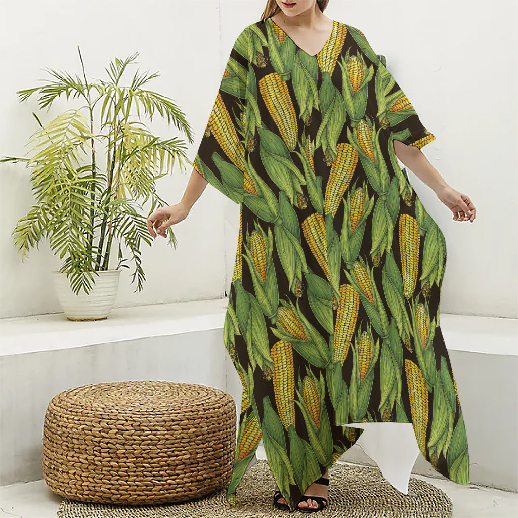 Hand-Drawn Corncob Pattern Print Silk V-Neck Kaftan Dress