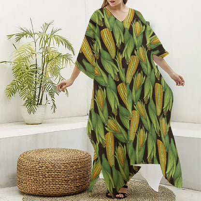 Hand-Drawn Corncob Pattern Print Silk V-Neck Kaftan Dress