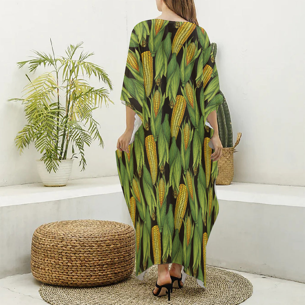 Hand-Drawn Corncob Pattern Print Silk V-Neck Kaftan Dress