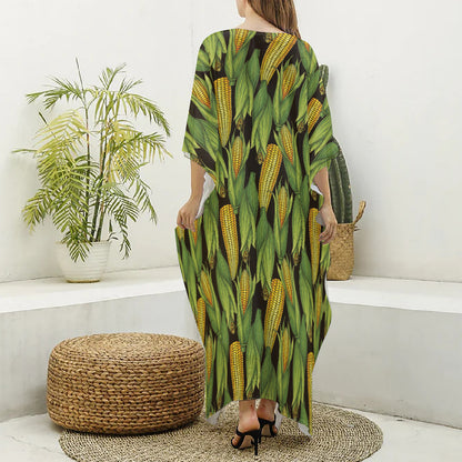Hand-Drawn Corncob Pattern Print Silk V-Neck Kaftan Dress