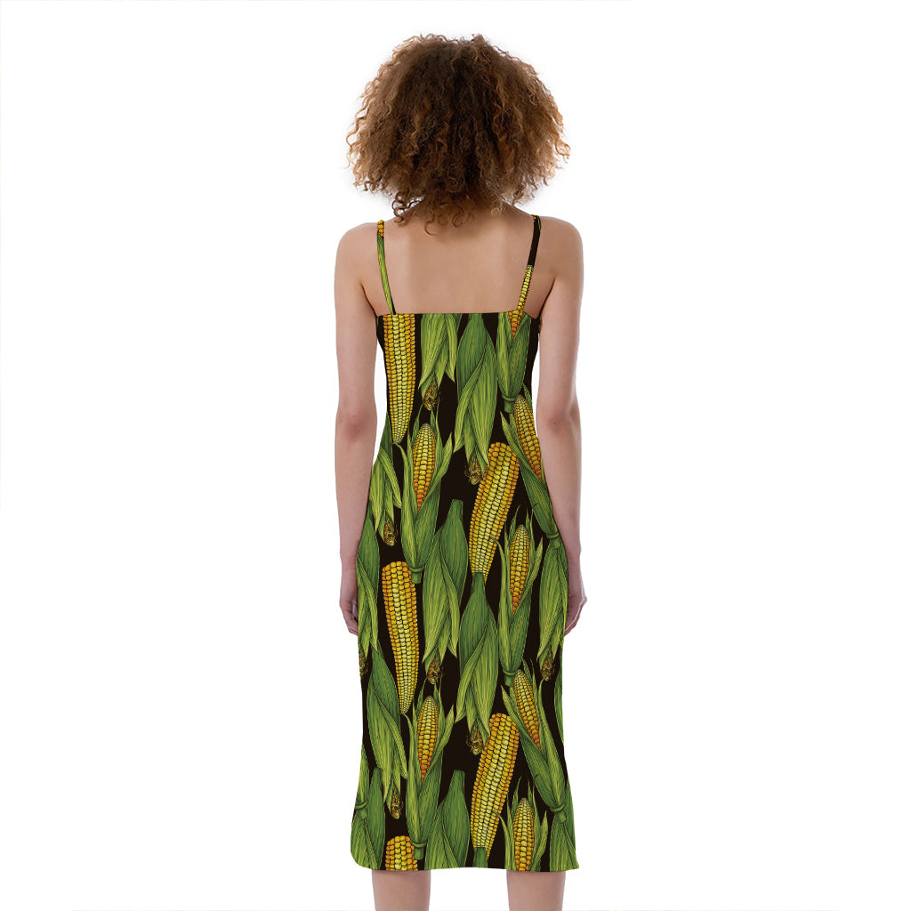 Hand-Drawn Corncob Pattern Print Slim Fit Midi Cami Dress