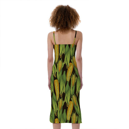 Hand-Drawn Corncob Pattern Print Slim Fit Midi Cami Dress
