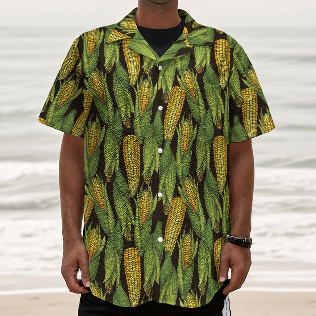 Hand-Drawn Corncob Pattern Print Textured Short Sleeve Shirt