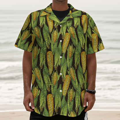 Hand-Drawn Corncob Pattern Print Textured Short Sleeve Shirt