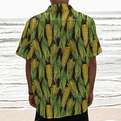 Hand-Drawn Corncob Pattern Print Textured Short Sleeve Shirt
