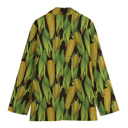 Hand-Drawn Corncob Pattern Print Women's Cotton Blazer