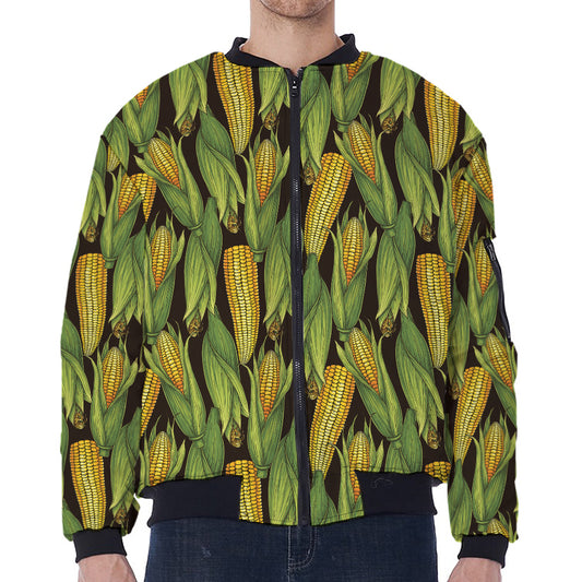Hand-Drawn Corncob Pattern Print Zip Sleeve Bomber Jacket