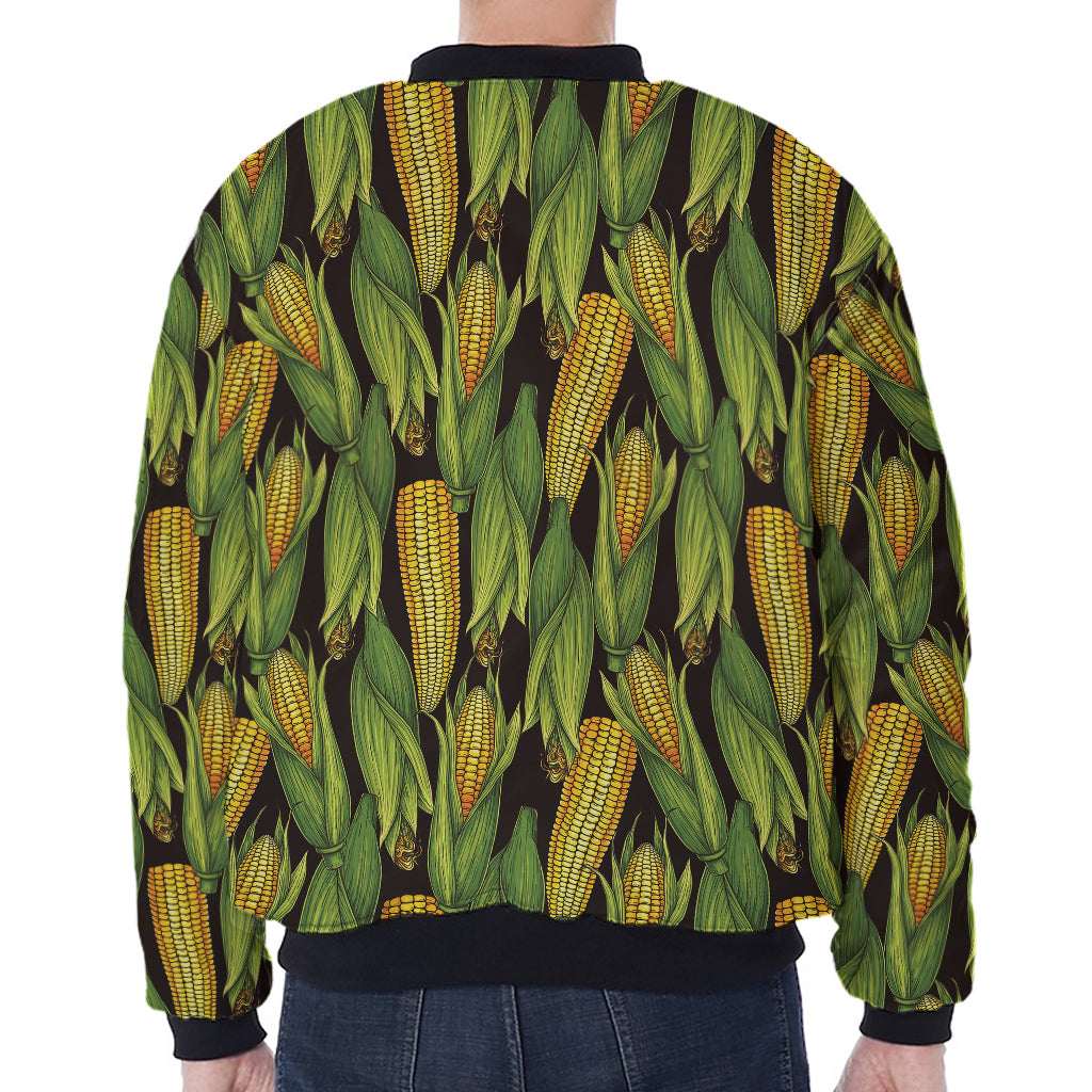 Hand-Drawn Corncob Pattern Print Zip Sleeve Bomber Jacket