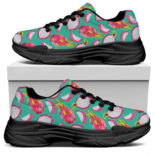 Hand Drawn Dragon Fruit Pattern Print Black Chunky Shoes