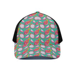 Hand Drawn Dragon Fruit Pattern Print Black Mesh Trucker Cap