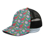 Hand Drawn Dragon Fruit Pattern Print Black Mesh Trucker Cap