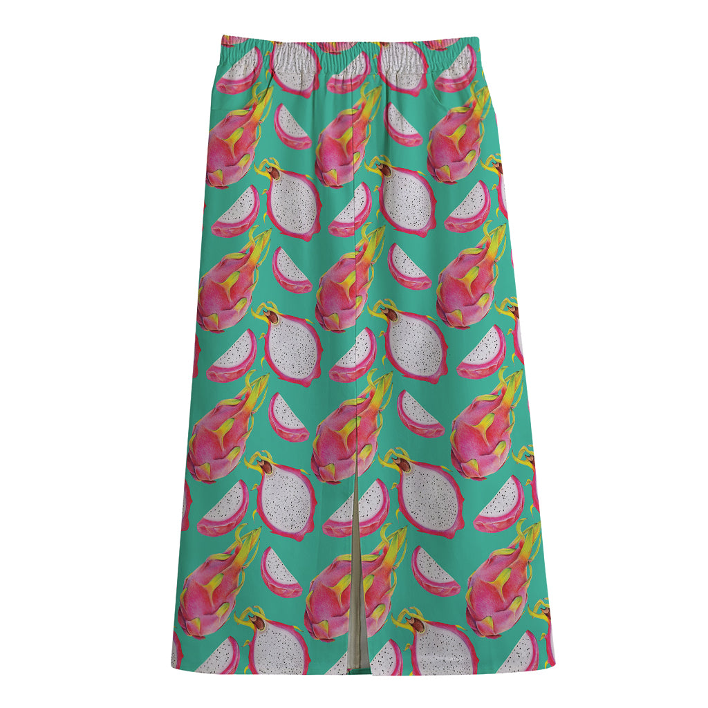 Hand Drawn Dragon Fruit Pattern Print Cotton Front Slit Maxi Skirt