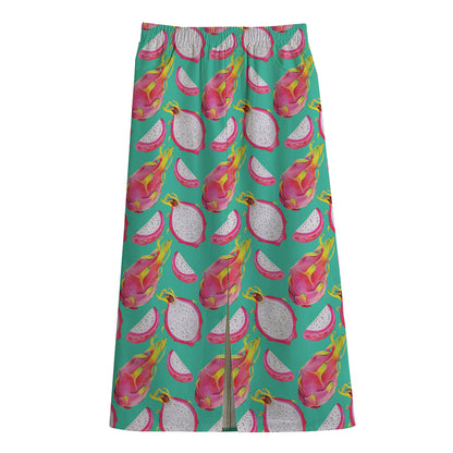 Hand Drawn Dragon Fruit Pattern Print Cotton Front Slit Maxi Skirt