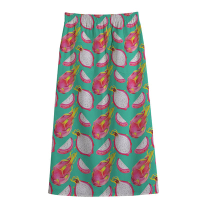 Hand Drawn Dragon Fruit Pattern Print Cotton Front Slit Maxi Skirt