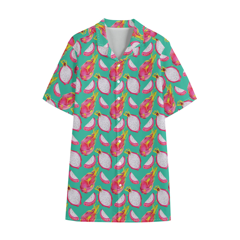 Hand Drawn Dragon Fruit Pattern Print Cotton Hawaiian Shirt