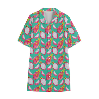Hand Drawn Dragon Fruit Pattern Print Cotton Hawaiian Shirt