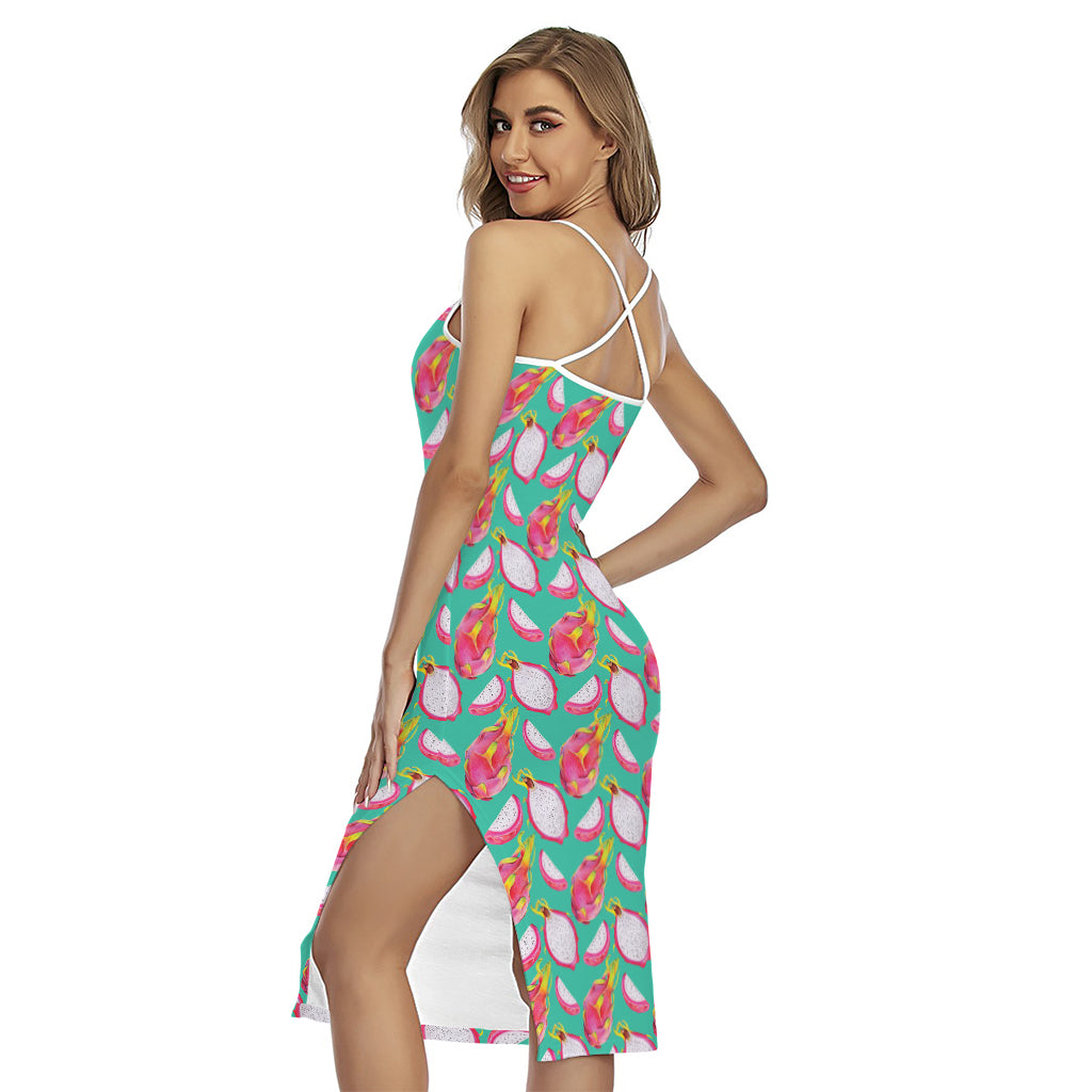 Hand Drawn Dragon Fruit Pattern Print Cross Back Cami Dress
