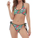 Hand Drawn Dragon Fruit Pattern Print Halter Scoop Tie Side Bikini