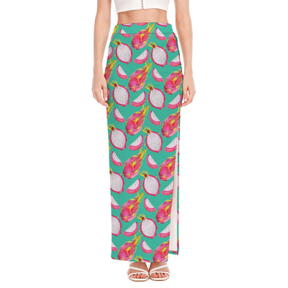 Hand Drawn Dragon Fruit Pattern Print High Slit Maxi Skirt
