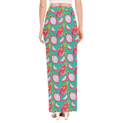 Hand Drawn Dragon Fruit Pattern Print High Slit Maxi Skirt