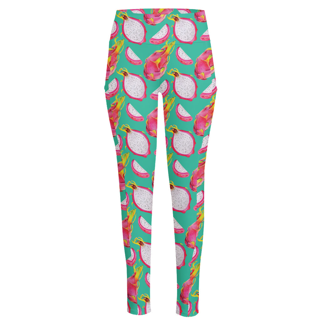 Hand Drawn Dragon Fruit Pattern Print High-Waisted Pocket Leggings