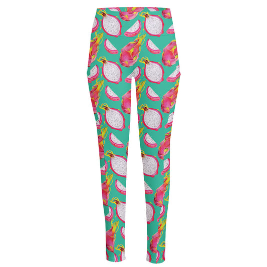 Hand Drawn Dragon Fruit Pattern Print High-Waisted Pocket Leggings