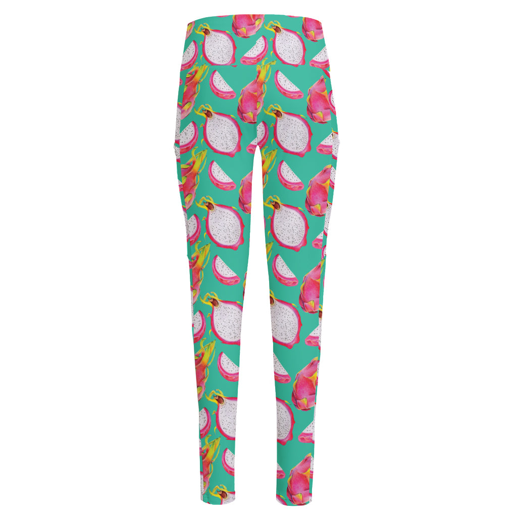 Hand Drawn Dragon Fruit Pattern Print High-Waisted Pocket Leggings