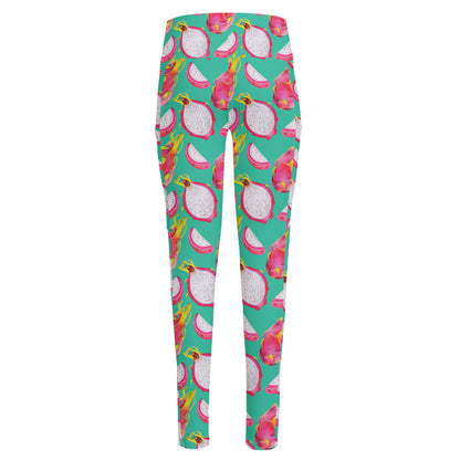 Hand Drawn Dragon Fruit Pattern Print High-Waisted Pocket Leggings