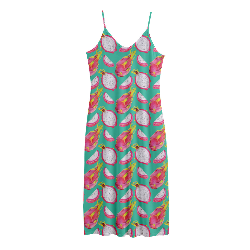 Hand Drawn Dragon Fruit Pattern Print Jersey Midi Cami Dress