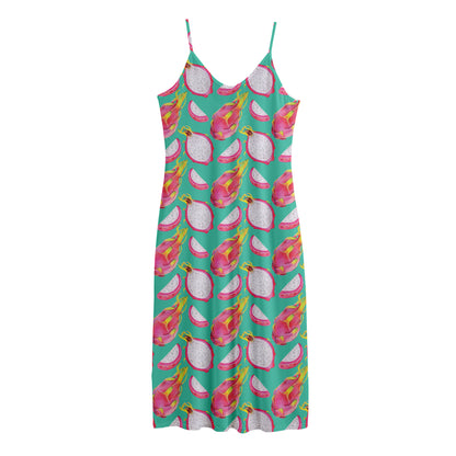 Hand Drawn Dragon Fruit Pattern Print Jersey Midi Cami Dress