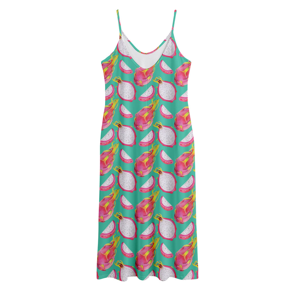 Hand Drawn Dragon Fruit Pattern Print Jersey Midi Cami Dress