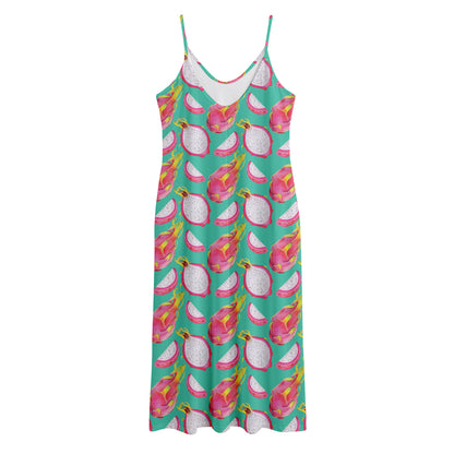 Hand Drawn Dragon Fruit Pattern Print Jersey Midi Cami Dress