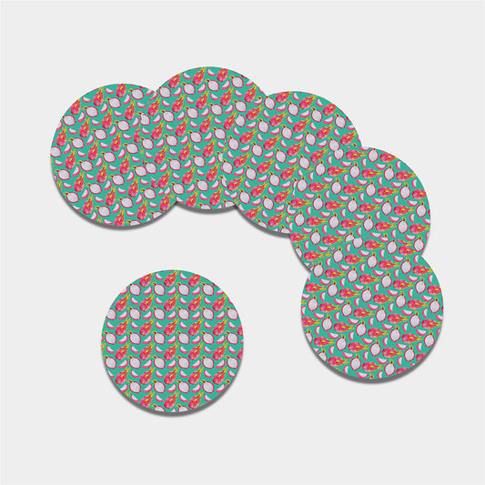 Hand Drawn Dragon Fruit Pattern Print Leather Coaster Set