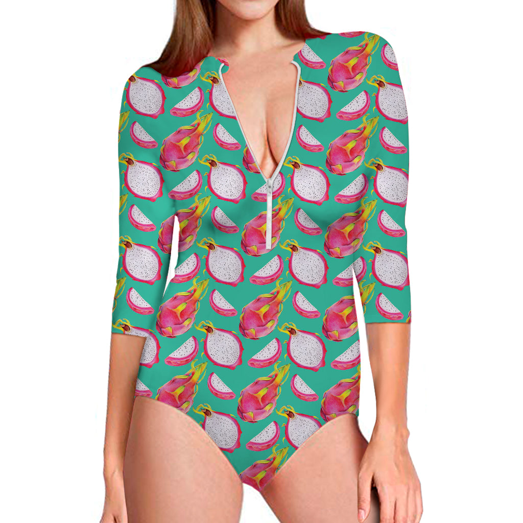 Hand Drawn Dragon Fruit Pattern Print Long Sleeve Swimsuit