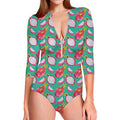 Hand Drawn Dragon Fruit Pattern Print Long Sleeve Swimsuit