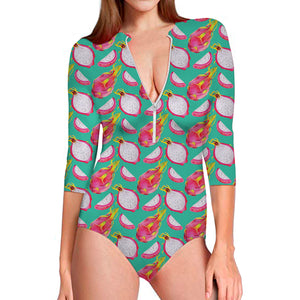 Hand Drawn Dragon Fruit Pattern Print Long Sleeve Swimsuit