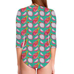 Hand Drawn Dragon Fruit Pattern Print Long Sleeve Swimsuit