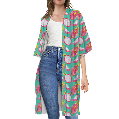 Hand Drawn Dragon Fruit Pattern Print Open Front Beach Cover Up