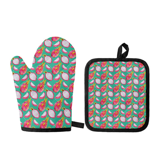 Hand Drawn Dragon Fruit Pattern Print Oven Mitt And Pot Holder Set