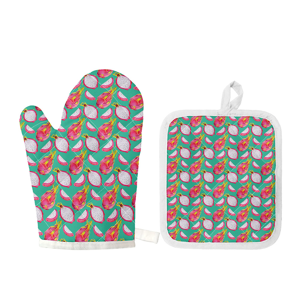Hand Drawn Dragon Fruit Pattern Print Oven Mitt And Pot Holder Set