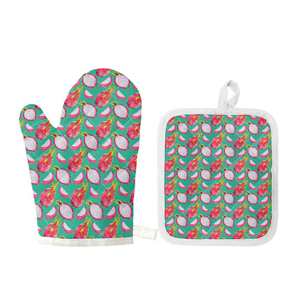 Hand Drawn Dragon Fruit Pattern Print Oven Mitt And Pot Holder Set