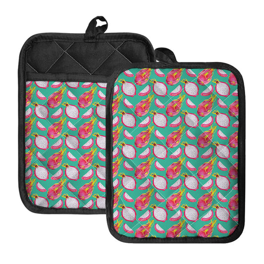 Hand Drawn Dragon Fruit Pattern Print Pot Holders With Pocket