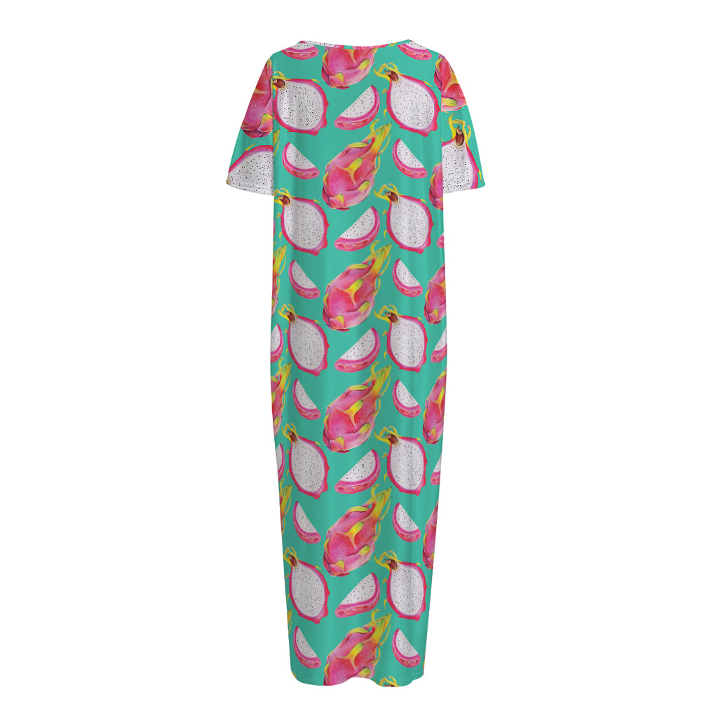 Hand Drawn Dragon Fruit Pattern Print Short Sleeve Long Nightdress